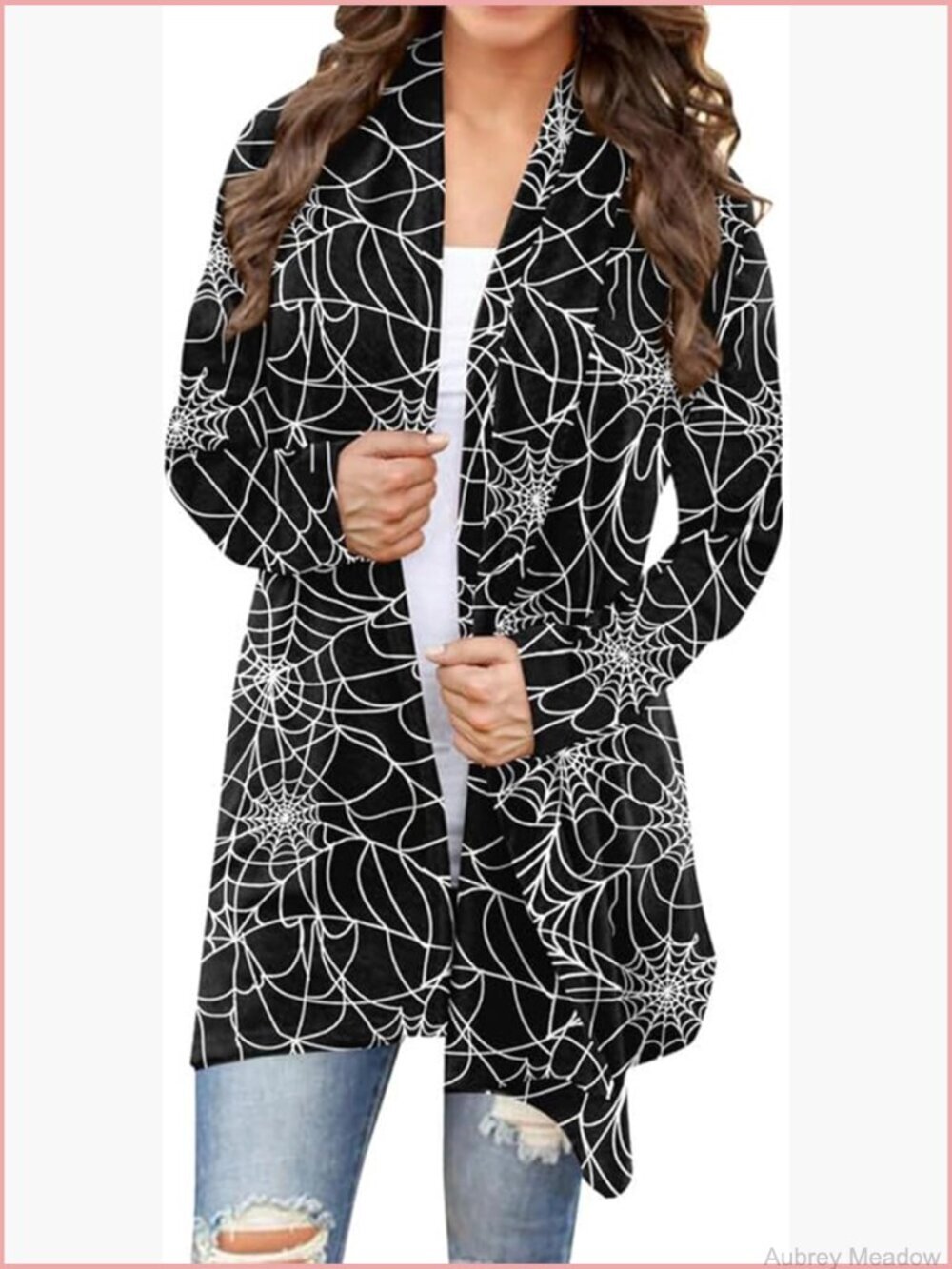 Women's Halloween Cat Pumpkin Print Open Front Knitted Cardigan Sweater Coat